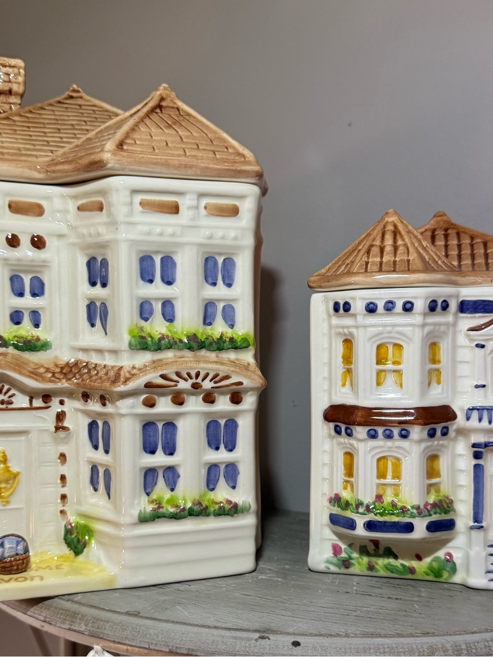 Avon Ceramic Victorian House Pair in Cream with Blue and Yellow Accents